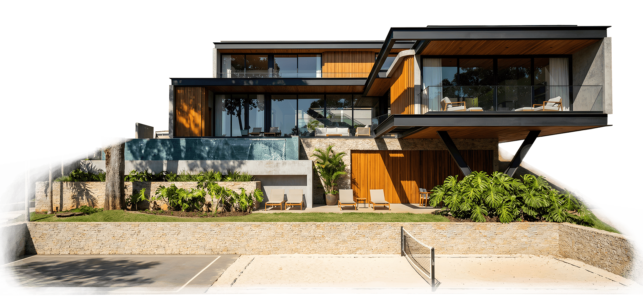Una villas contemporánea con vidrio del piso al techo, piscina espejada y luz natural sobre el concreto blanco.
